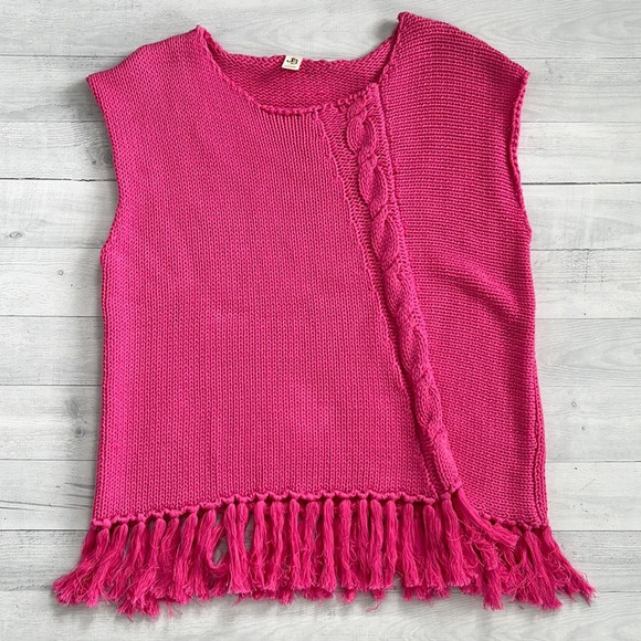 JS71 Hot Pink Fringe Braided Knit Sleeveless Sweater - Picture 1 of 5